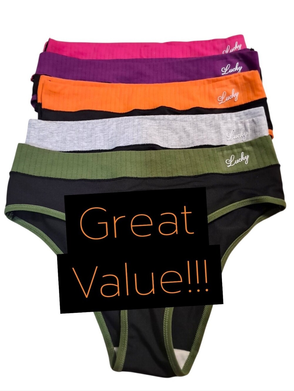 Lucky Logo Girls' Bikini Briefs Pack - Black, Olive, Gray, Orange, Purple, Pink